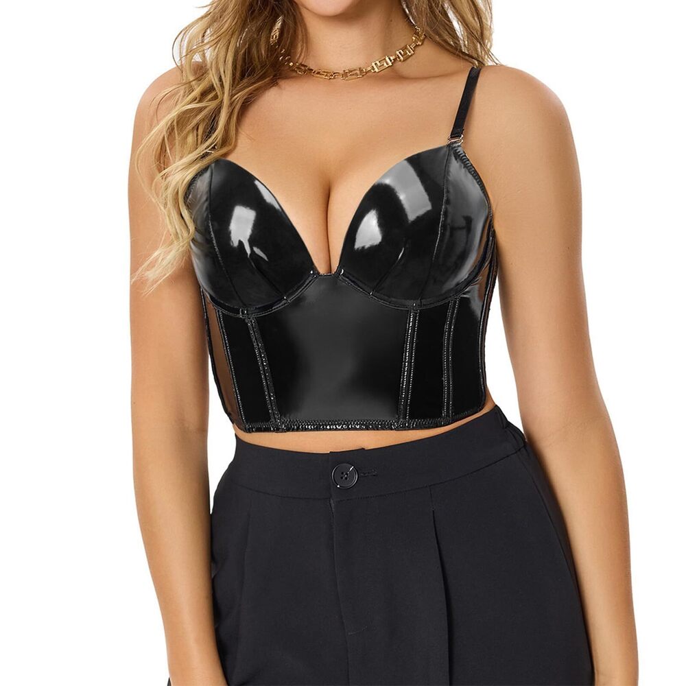 1028 Plus Size Gothic Punk Spaghetti Strap Shiny PU Leather Bustier Bra Top